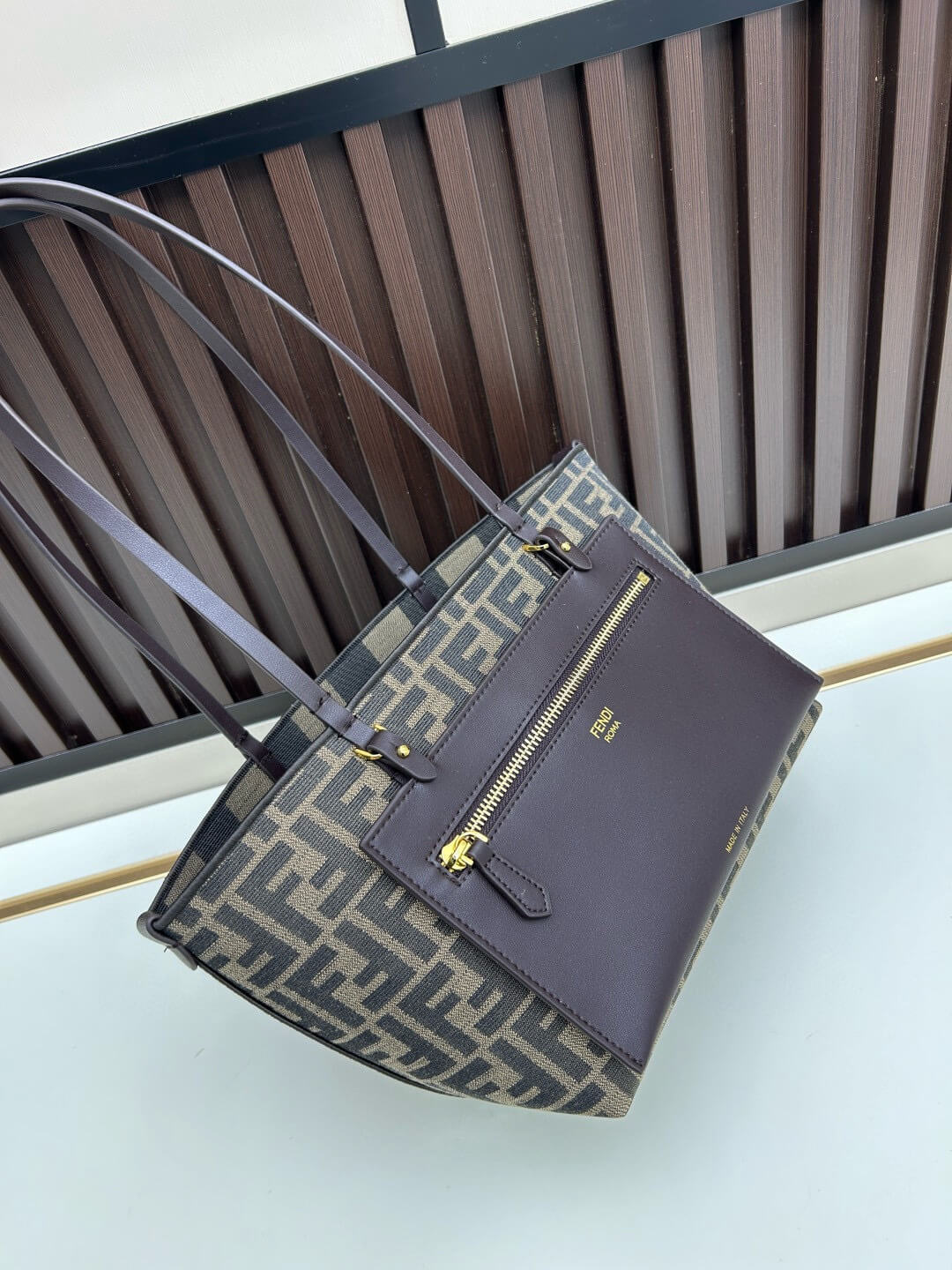 Fendi Roll Large Shopper Tote – FF Jacquard Canvas & Dark Brown Leather - Image 3