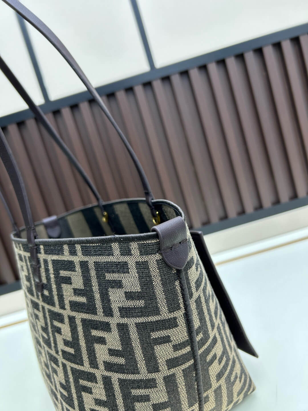 Fendi Roll Large Shopper Tote – FF Jacquard Canvas & Dark Brown Leather - Image 6