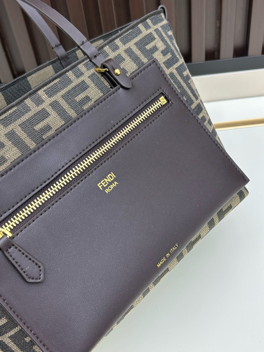 Fendi Roll Large Shopper Tote – FF Jacquard Canvas & Dark Brown Leather - Image 7
