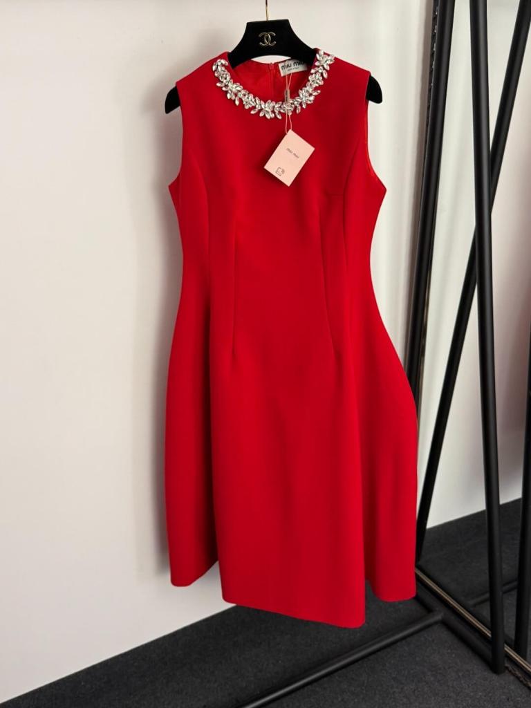 Miu Miu Crystal-Embellished Cady Mini Dress – Red