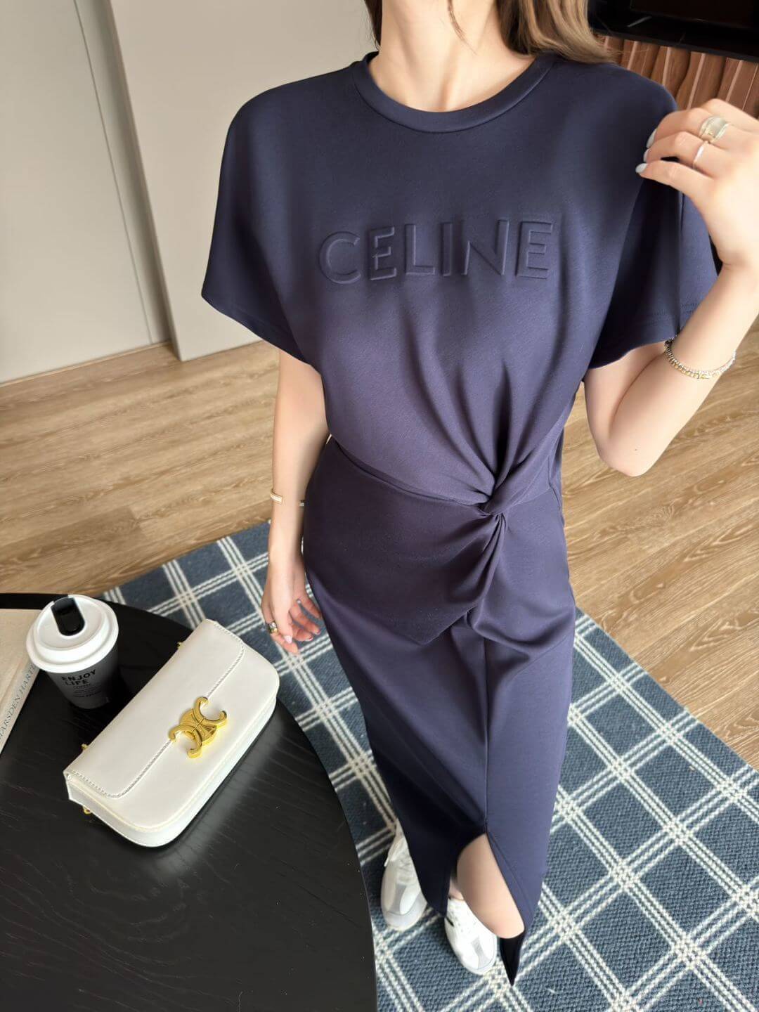 Celine Navy Blue Knot-Detail Cotton Jersey Dress - Image 2