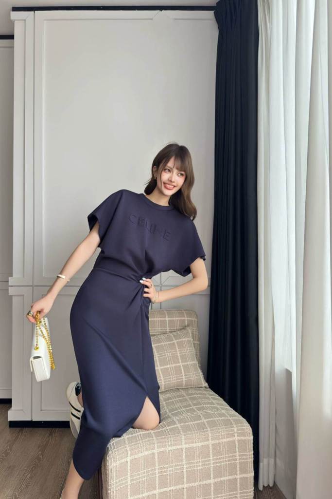 Celine Navy Blue Knot-Detail Cotton Jersey Dress