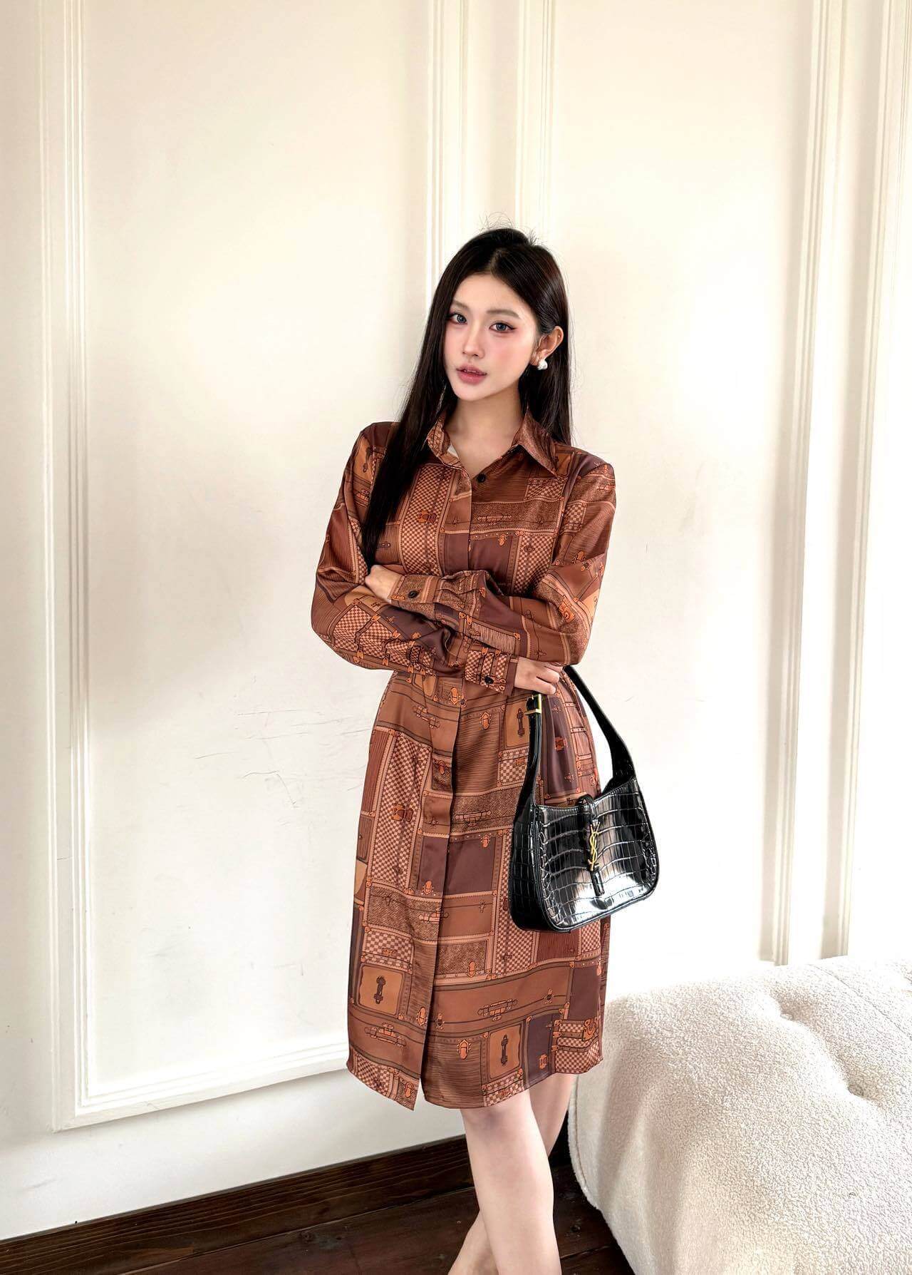 Louis Vuitton Luggage Print Silk Shirt Dress – Warm Brown - Image 8