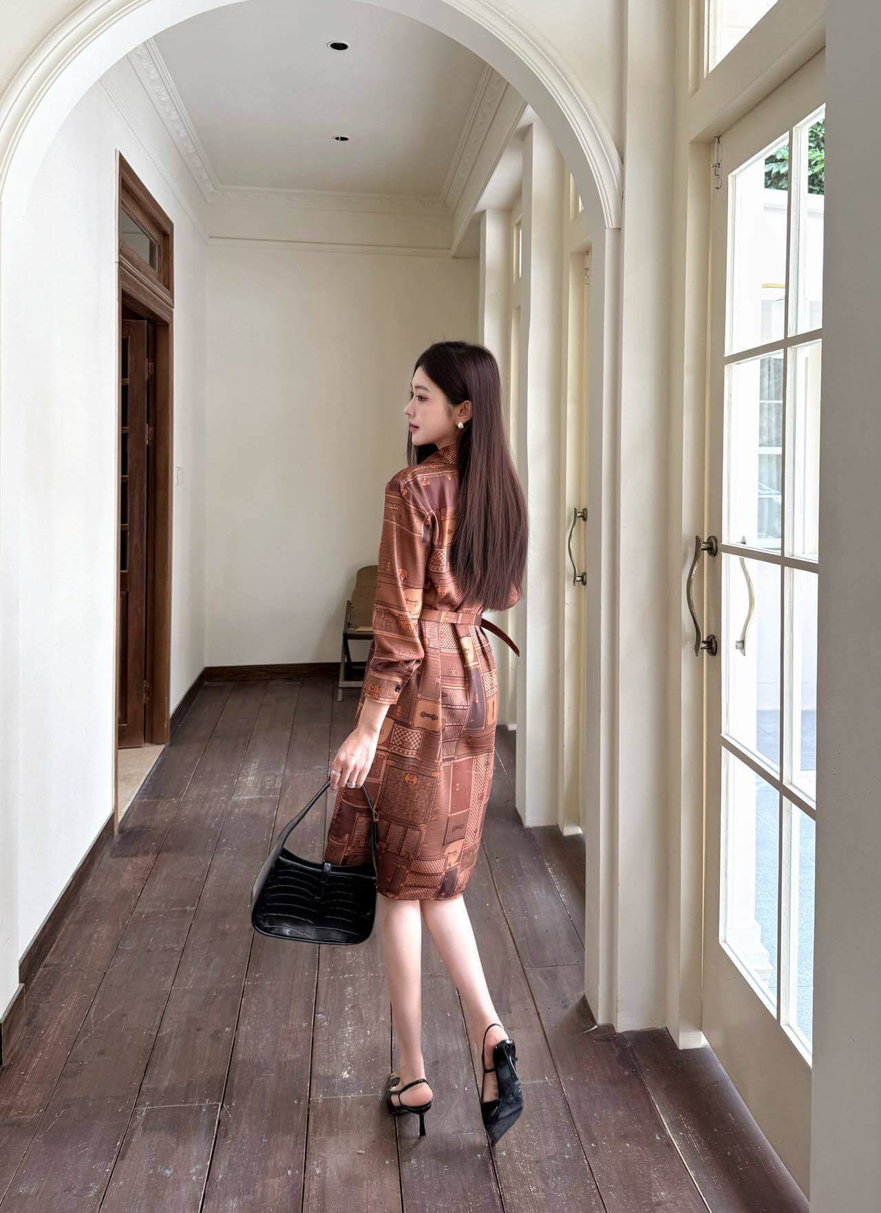 Louis Vuitton Luggage Print Silk Shirt Dress – Warm Brown - Image 10