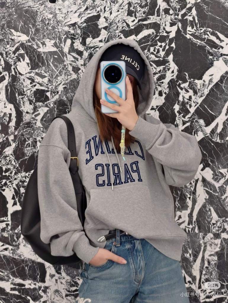 Celine Grey Heathered Cotton Logo Hoodie.