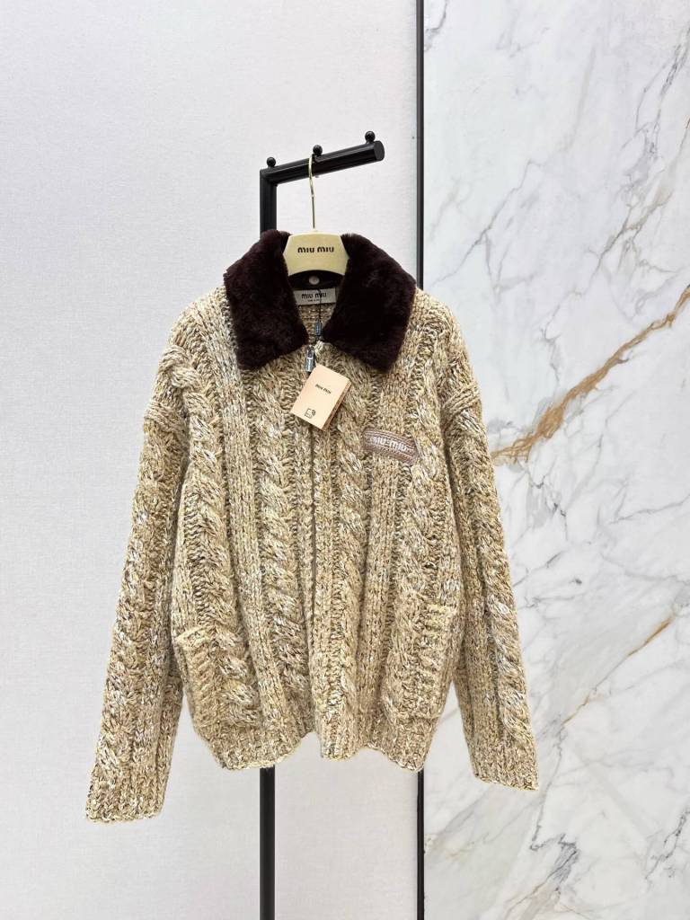 Miu Miu Wool & Fleece Zip Cardigan – Oatmeal with Chocolate Collar