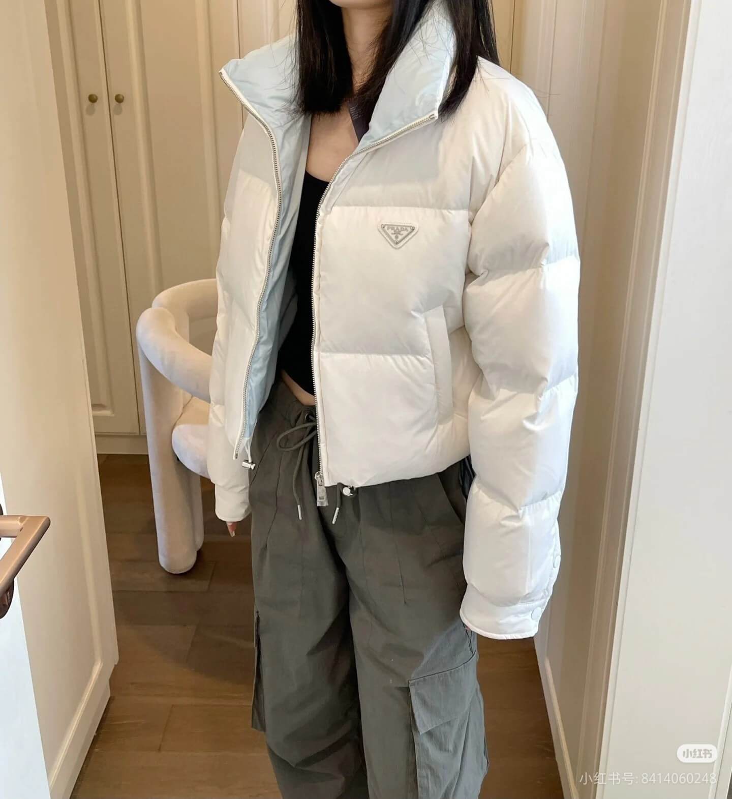 Prada Re-Nylon Short Puffer Jacket – White with Light Blue Lining - Image 4