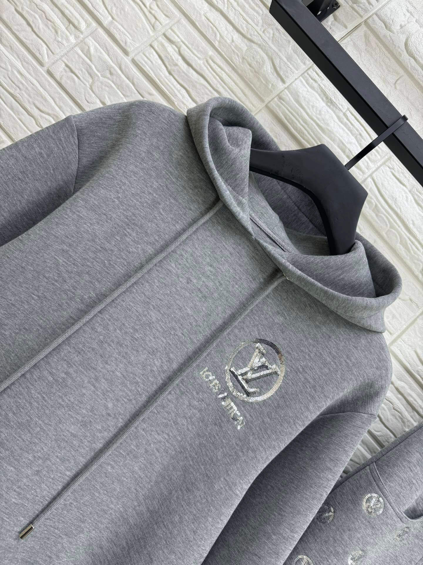 Louis Vuitton Rhinestone Logo Hoodie & Sweatpants Set – Heather Grey - Image 9