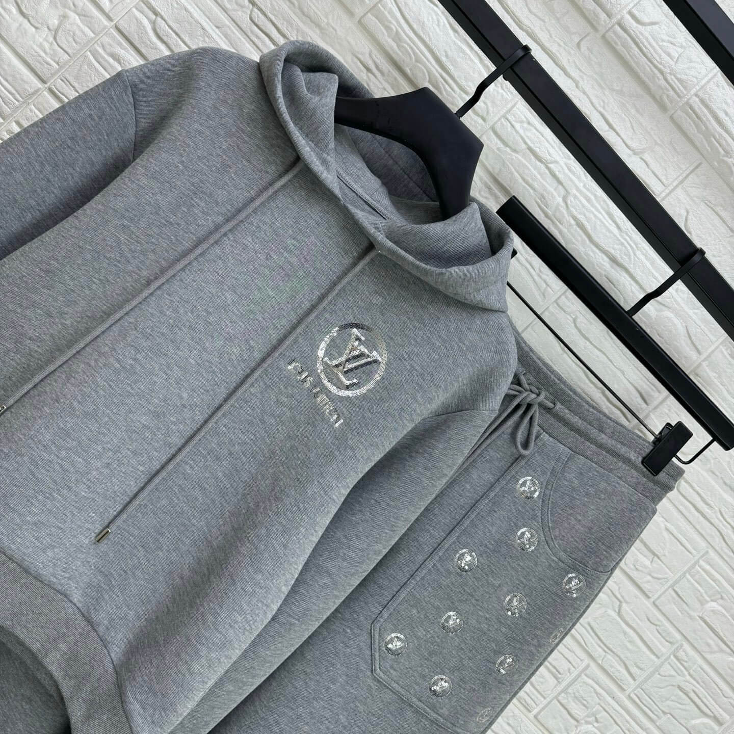 Louis Vuitton Rhinestone Logo Hoodie & Sweatpants Set – Heather Grey - Image 5