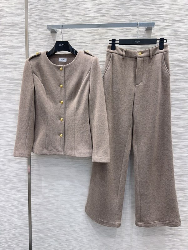 Celine Taupe Wool Chasseur Jacket and Wide-Leg Trouser Set.