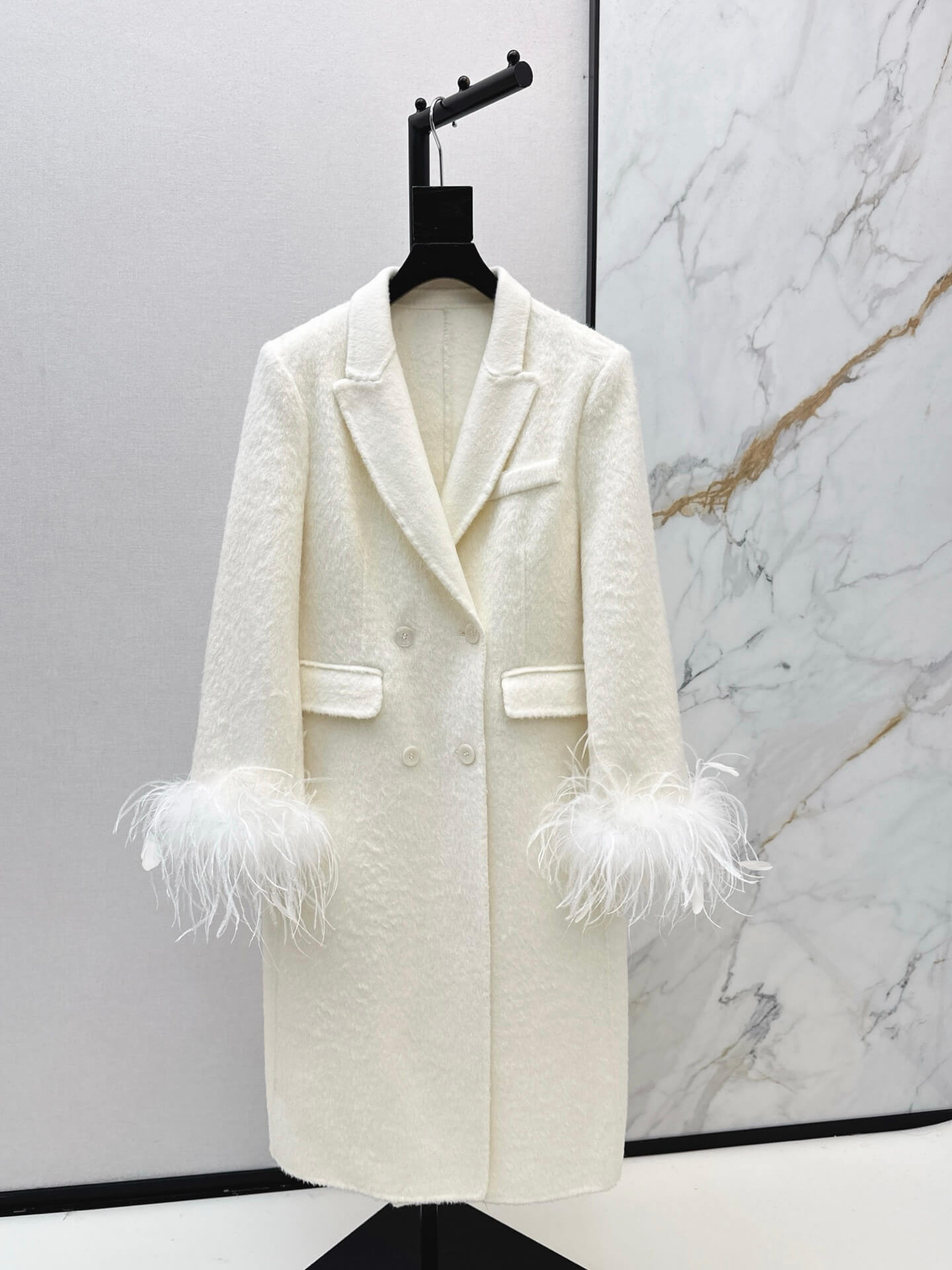 Miu Miu Double-Breasted Mohair-Blend Coat with Ostrich Feather Cuffs – Soft Blush - Image 10