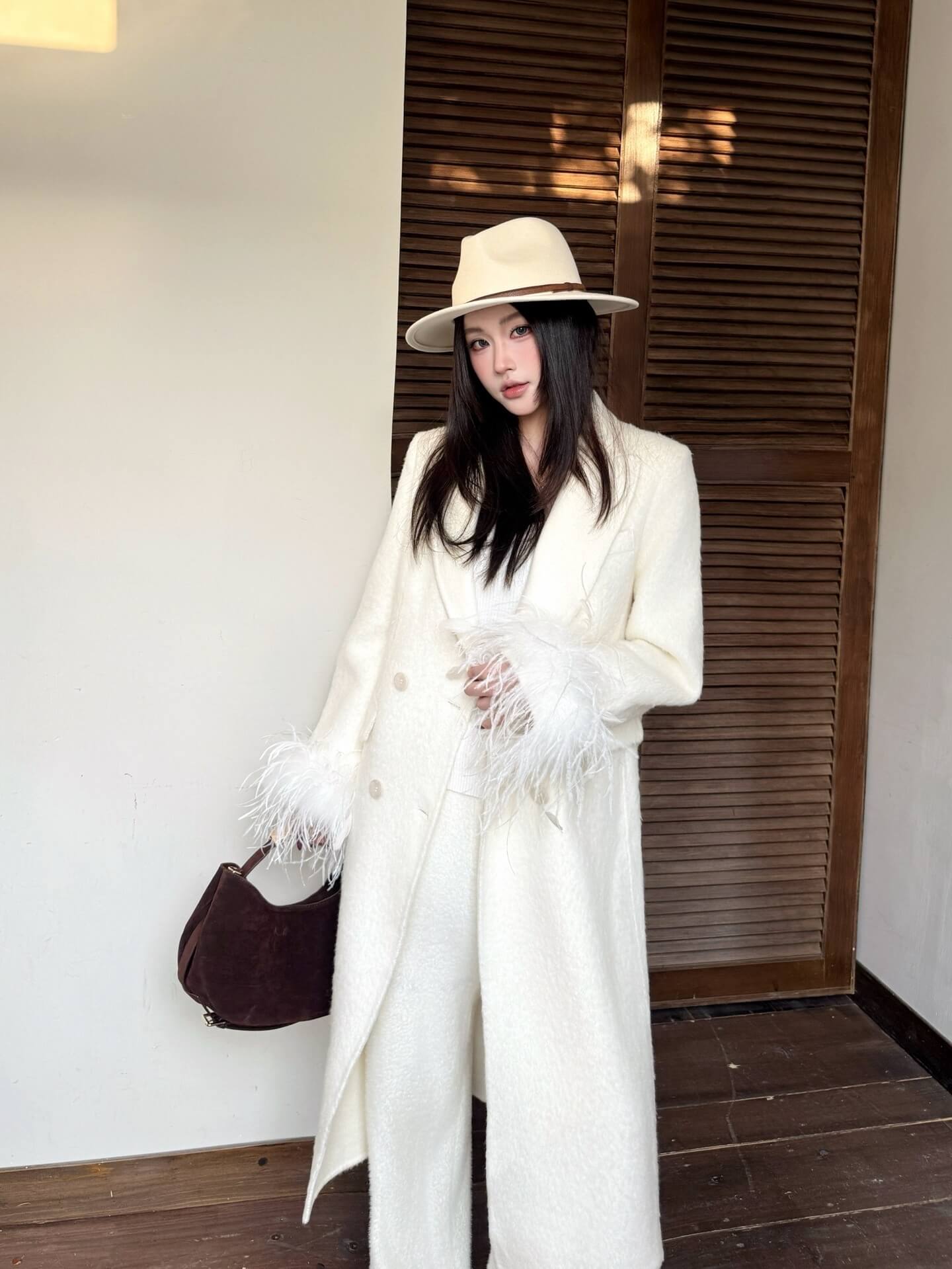 Miu Miu Double-Breasted Mohair-Blend Coat with Ostrich Feather Cuffs – Soft Blush - Image 12