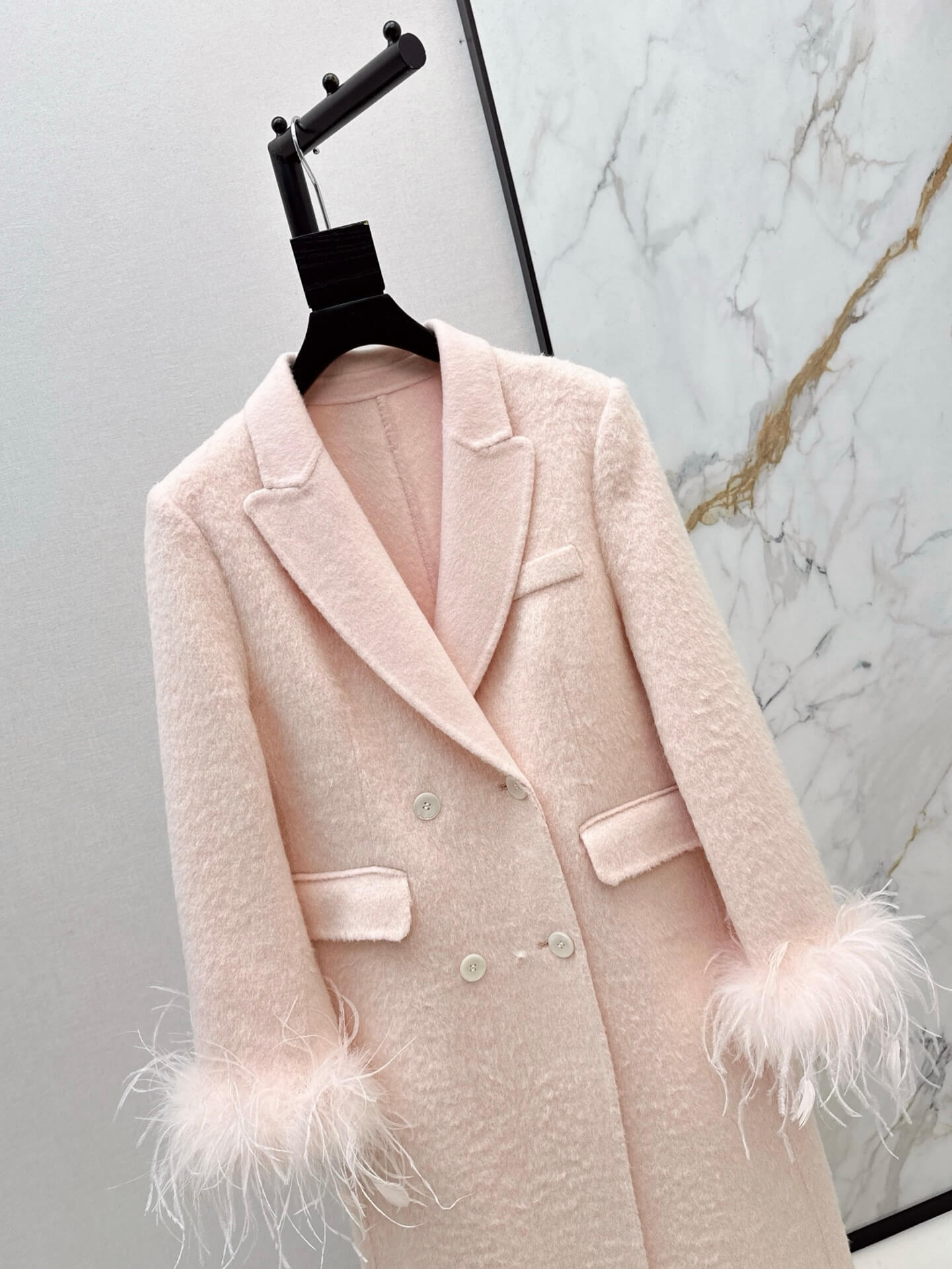 Miu Miu Double-Breasted Mohair-Blend Coat with Ostrich Feather Cuffs – Soft Blush - Image 2