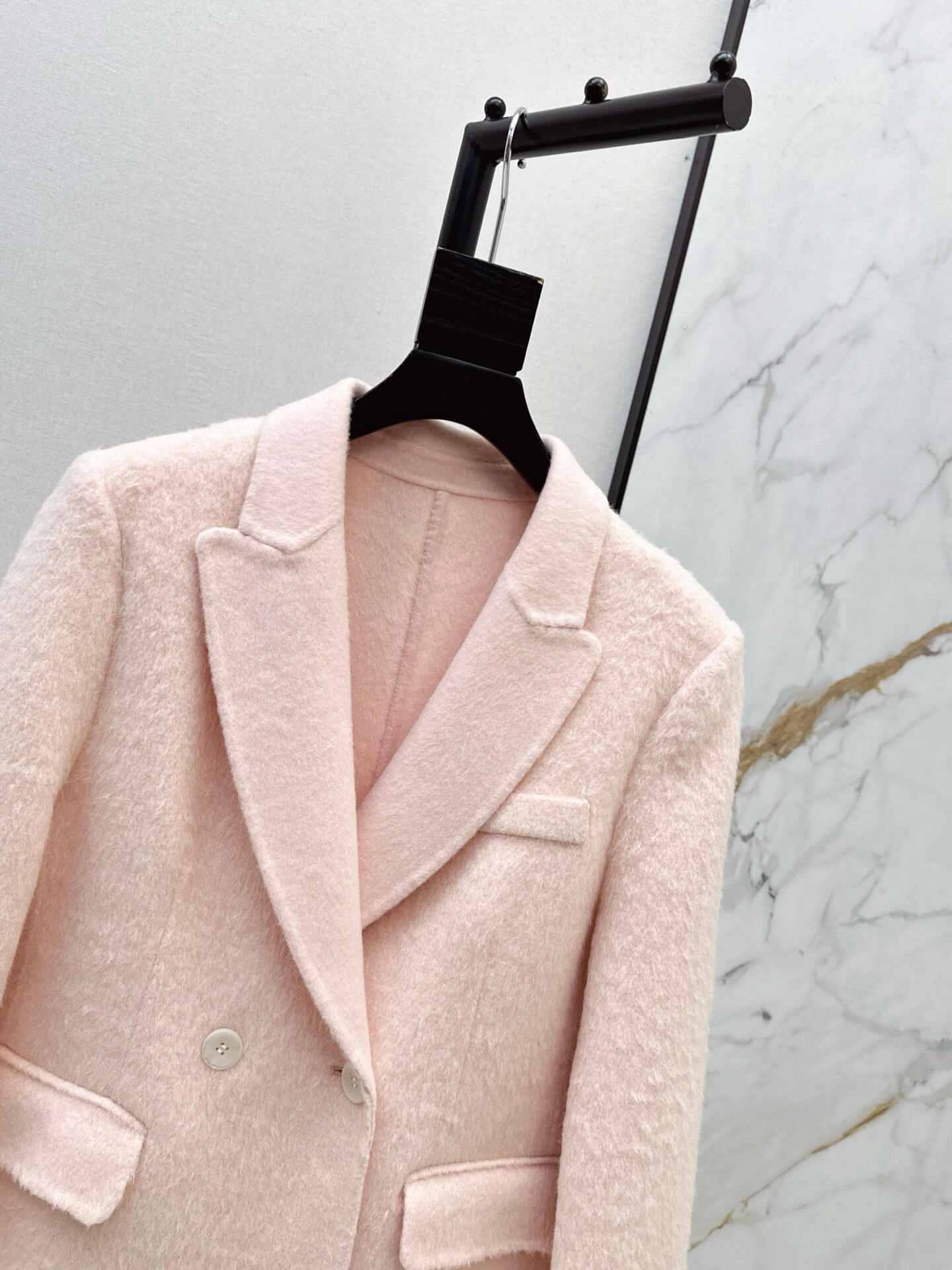 Miu Miu Double-Breasted Mohair-Blend Coat with Ostrich Feather Cuffs – Soft Blush - Image 3