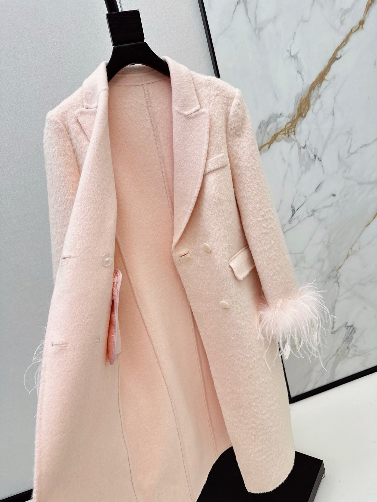 Miu Miu Double-Breasted Mohair-Blend Coat with Ostrich Feather Cuffs – Soft Blush - Image 5