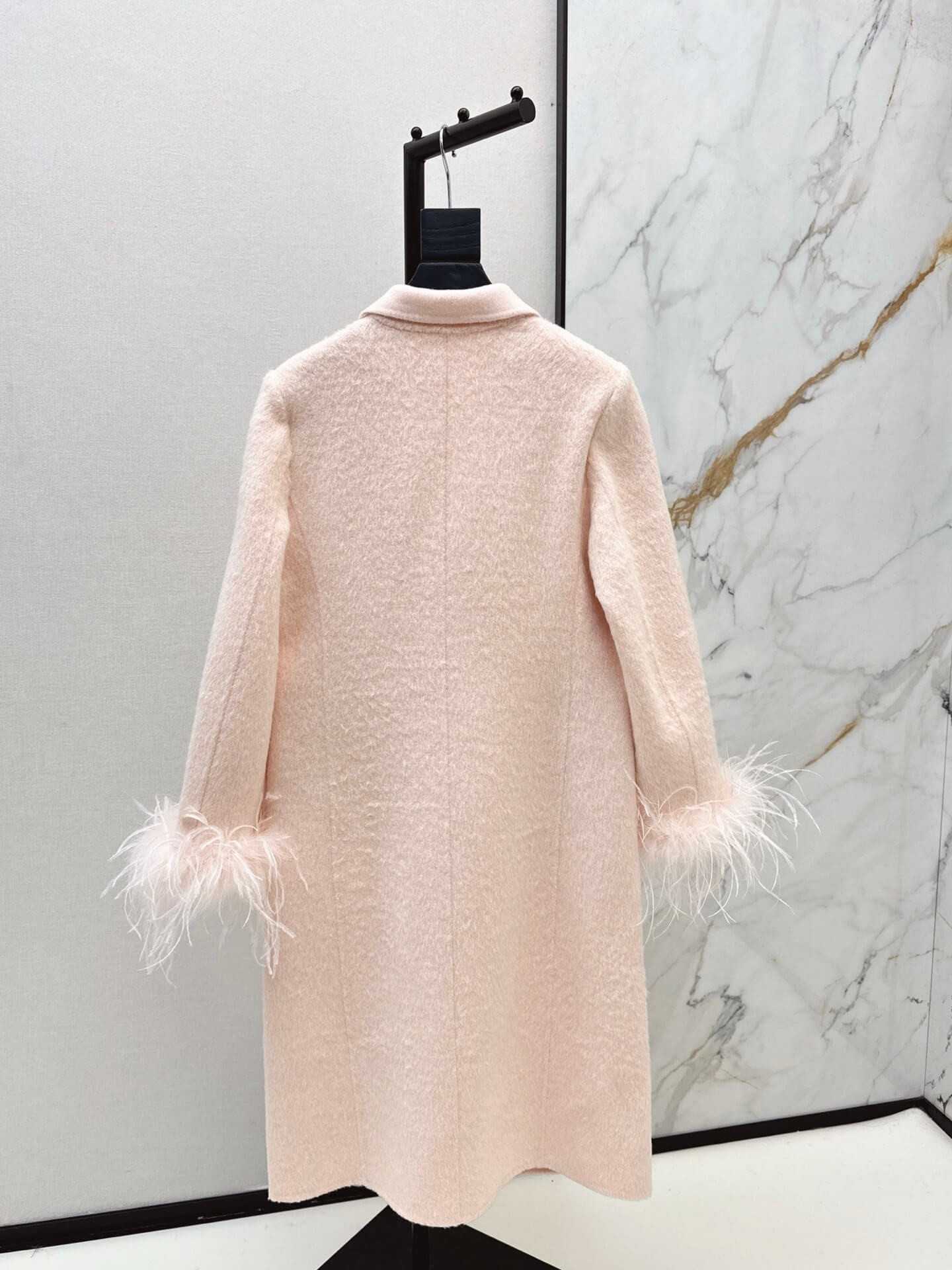 Miu Miu Double-Breasted Mohair-Blend Coat with Ostrich Feather Cuffs – Soft Blush - Image 7