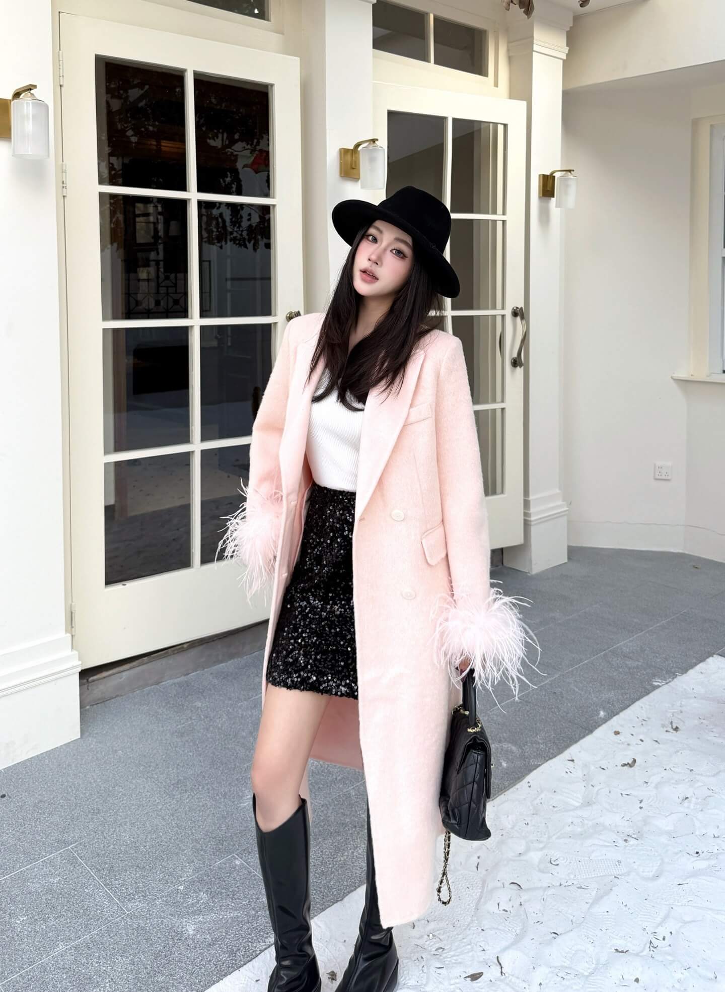 Miu Miu Double-Breasted Mohair-Blend Coat with Ostrich Feather Cuffs – Soft Blush - Image 8