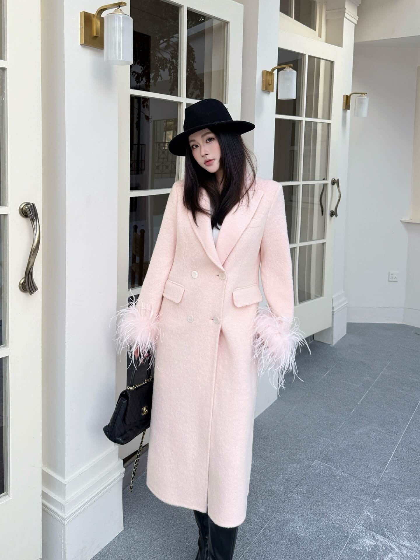 Miu Miu Double-Breasted Mohair-Blend Coat with Ostrich Feather Cuffs – Soft Blush - Image 9