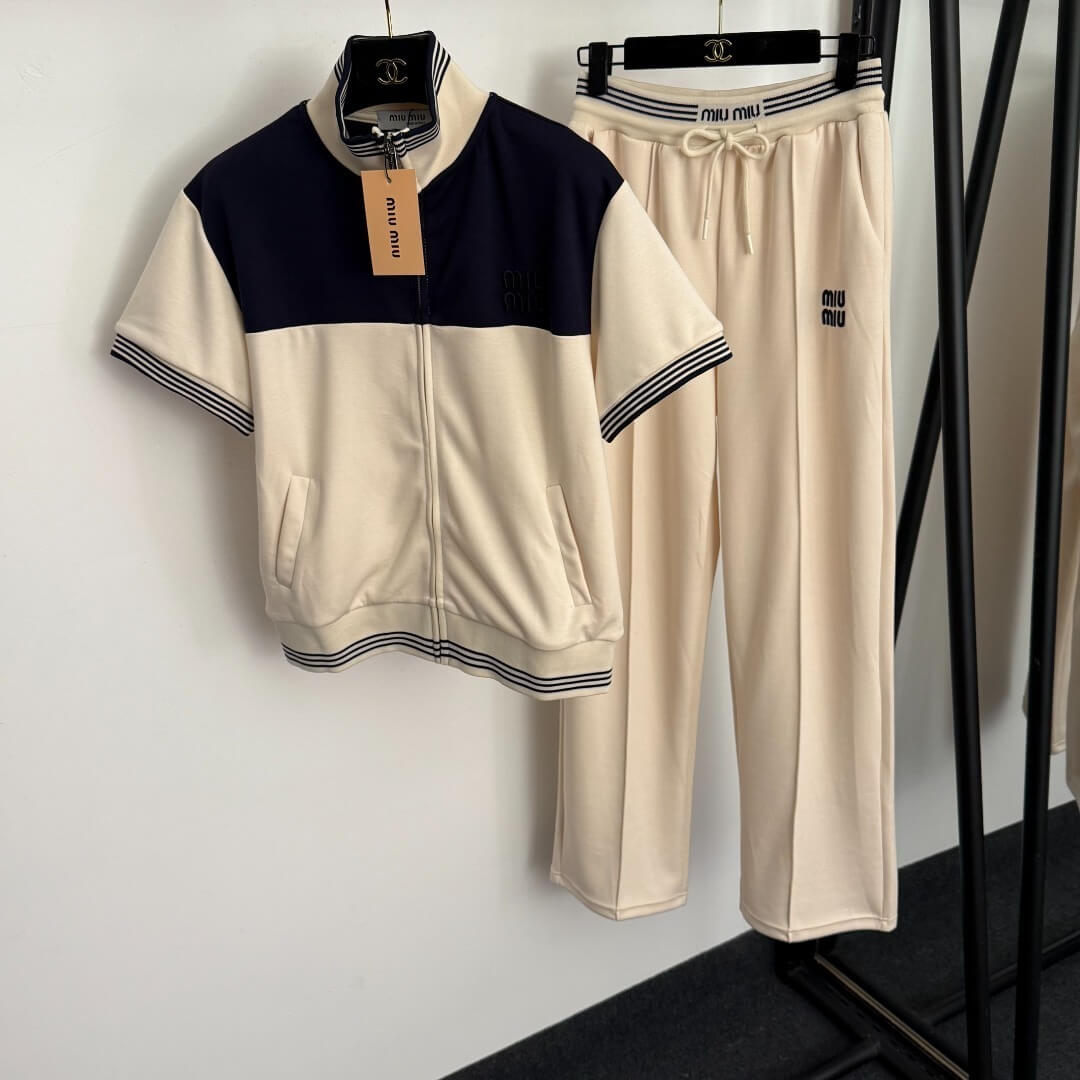 Miu Miu Technical Fabric Tracksuit Set – Navy & Camel - Image 3