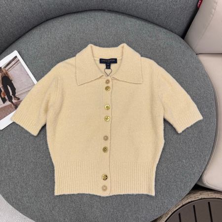 Louis Vuitton Short-Sleeve Cashmere Knit Cardigan with Gold Monogram Buttons – Beige