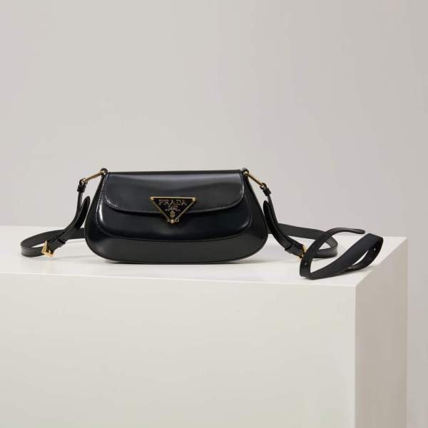 Prada Arqué Leather Shoulder Bag with Flap – Classic Black