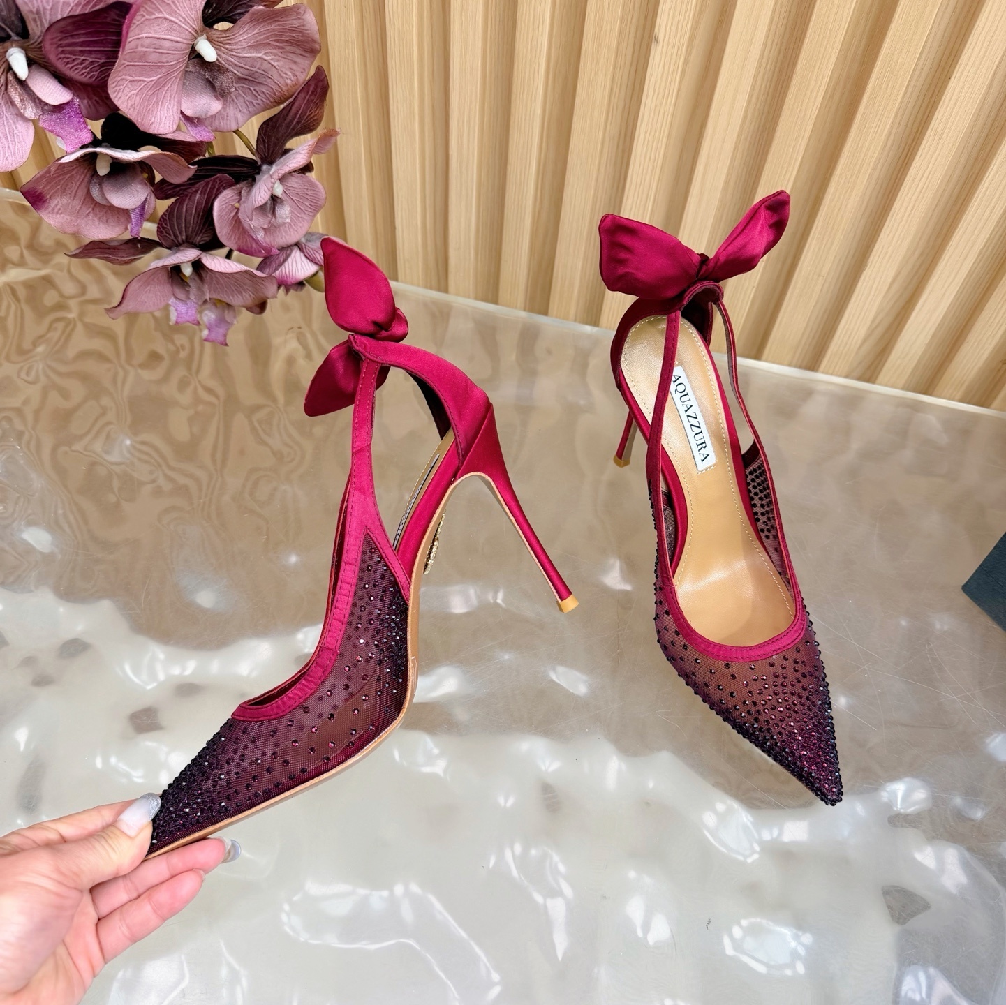Aquazzura Diane Burgundy Vegan Satin Sling Back Pumps - Image 8