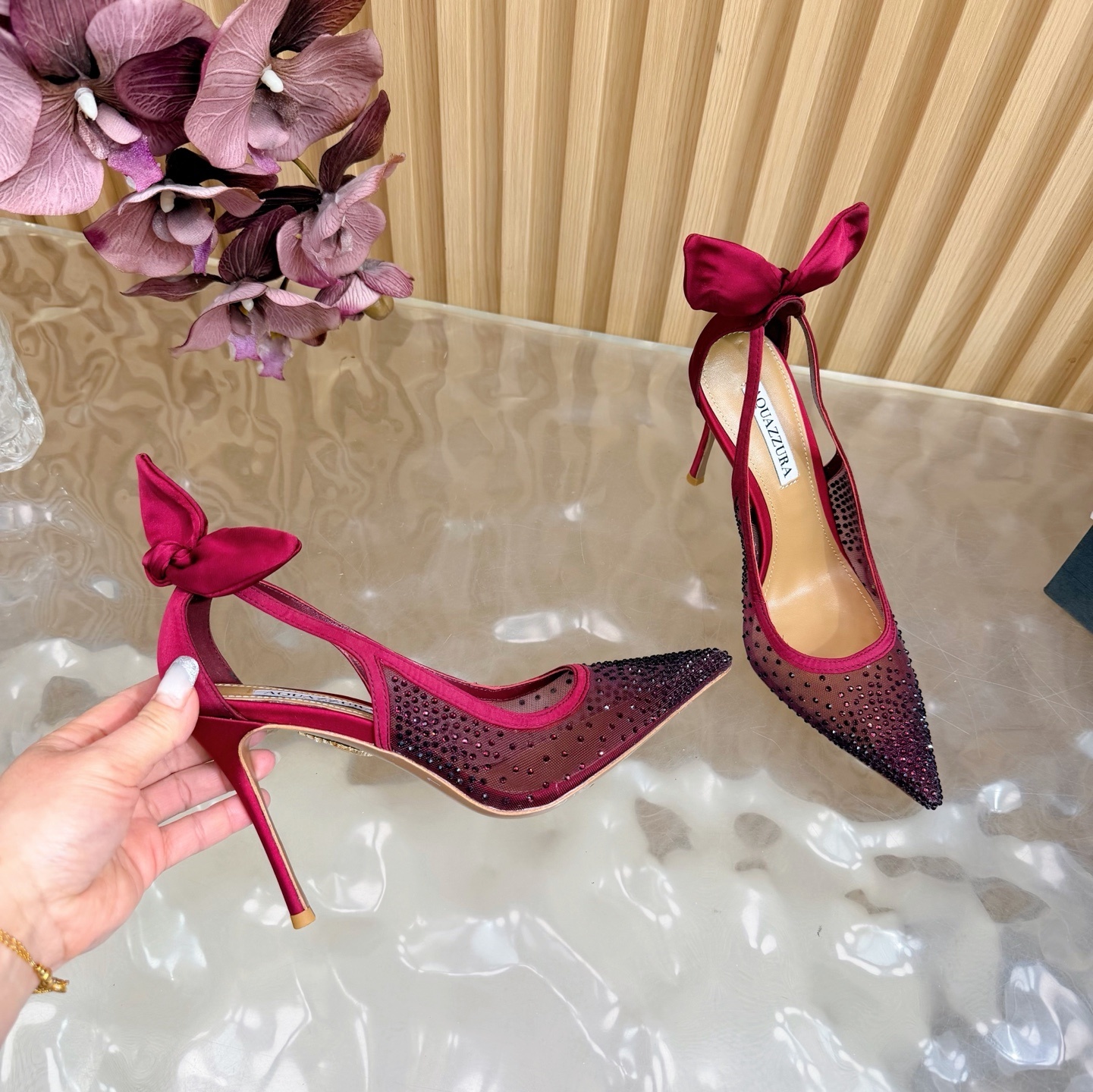 Aquazzura Diane Burgundy Vegan Satin Sling Back Pumps - Image 7