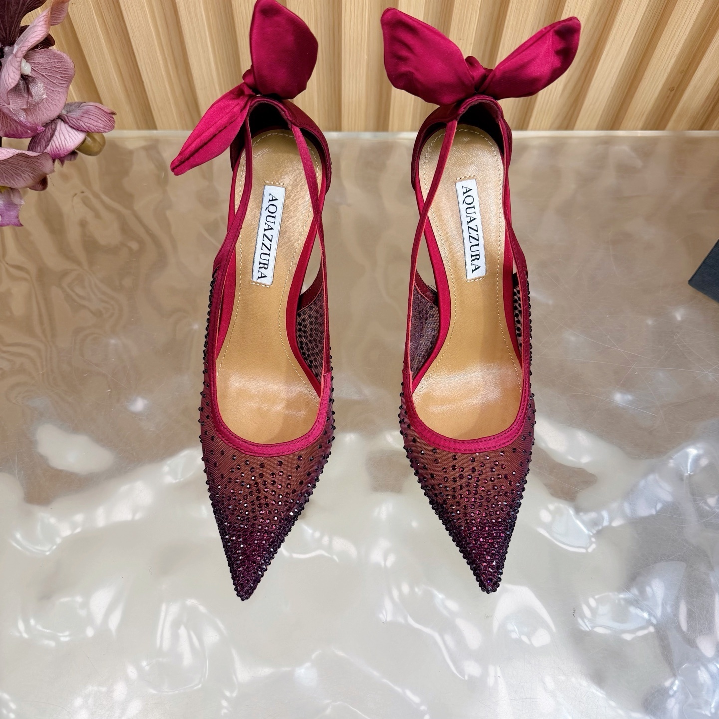 Aquazzura Diane Burgundy Vegan Satin Sling Back Pumps - Image 5