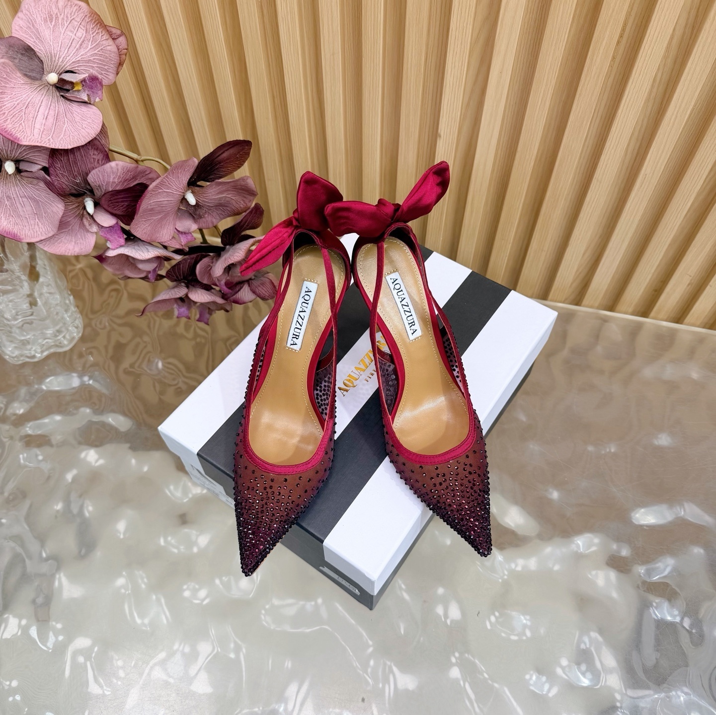 Aquazzura Diane Burgundy Vegan Satin Sling Back Pumps - Image 3