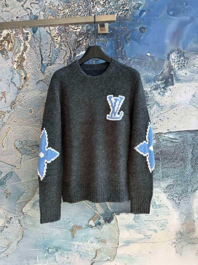 Louis Vuitton Intarsia LV Logo Charcoal Grey Crewneck Knit Sweater