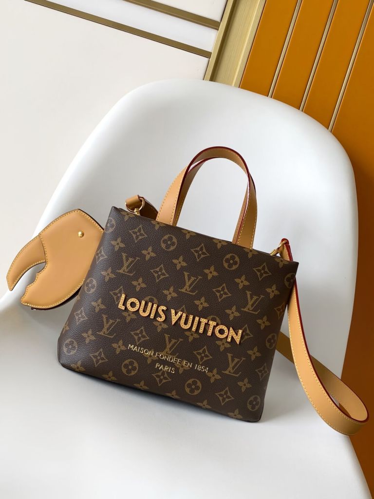 Louis Vuitton Fold Me Tote in Brown Monogram Canvas with Crab Charm and Crossbody Strap