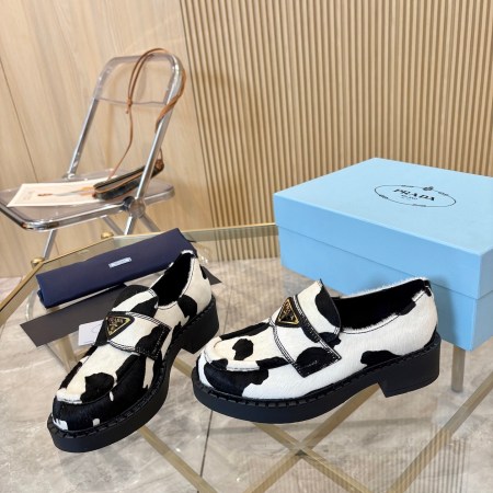 Prada Black & White Cow-Print Leather Loafers