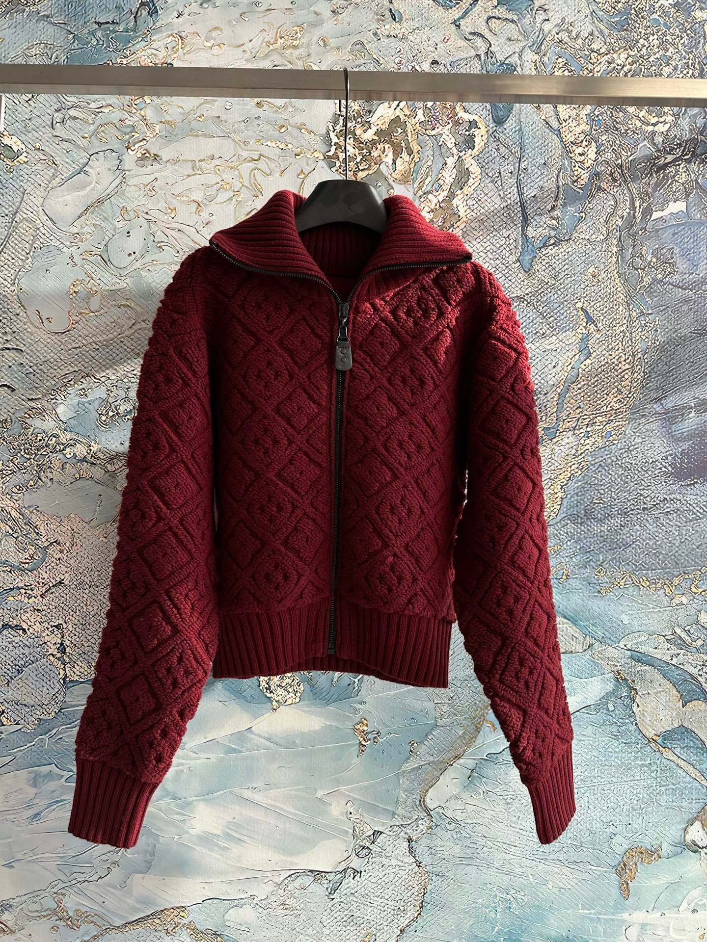 Louis Vuitton Monogram Textured Burgundy Zip-Up Knit Cardigan