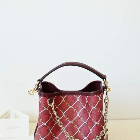 Gucci Ophidia Small Bucket Bag – Burgundy GG Horsebit Rhombus Print