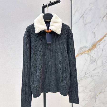 Louis Vuitton Shearling Collar Ribbed Knit Cardigan Jacket – Charcoal Gray