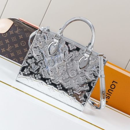Louis Vuitton OnTheGo PM Tote Bag in Silver Monogram Mirror Leather