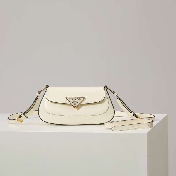 White Prada Arqué Leather Shoulder Bag with Flap