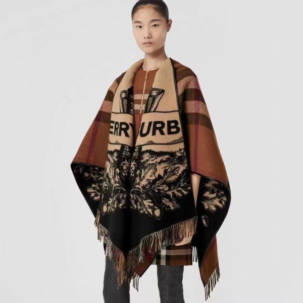 Burberry Castle Print Wool Silk Cape – Archive Brown