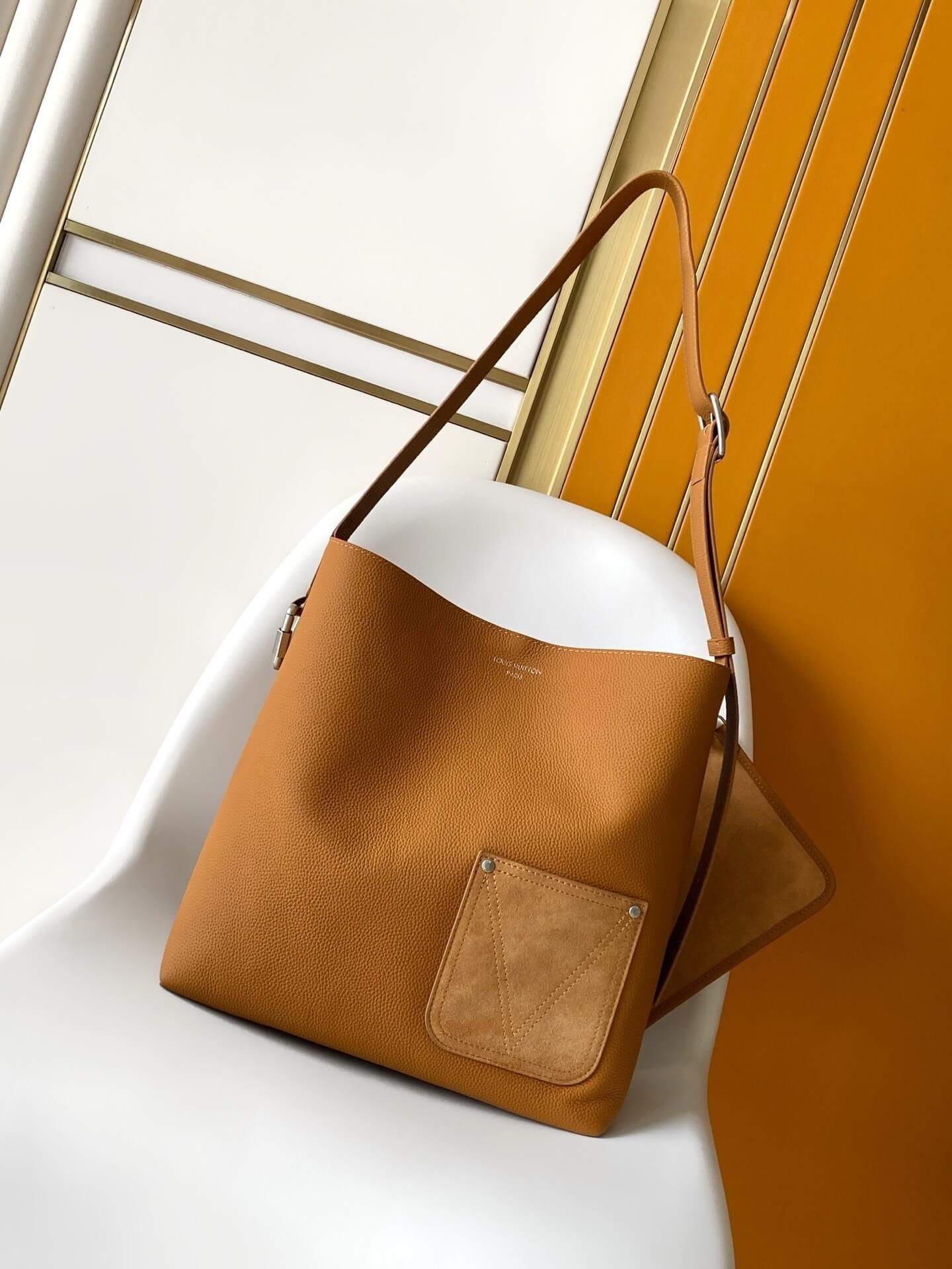 Louis Vuitton Low Key Hobo Bag in Cognac Grained Leather with Suede Outer Pocket