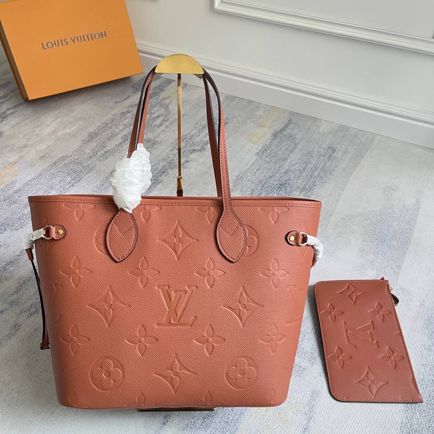 Louis Vuitton Neverfull MM Tote Bag in Cognac Monogram Empreinte Giant Leather with Pouch - Image 6