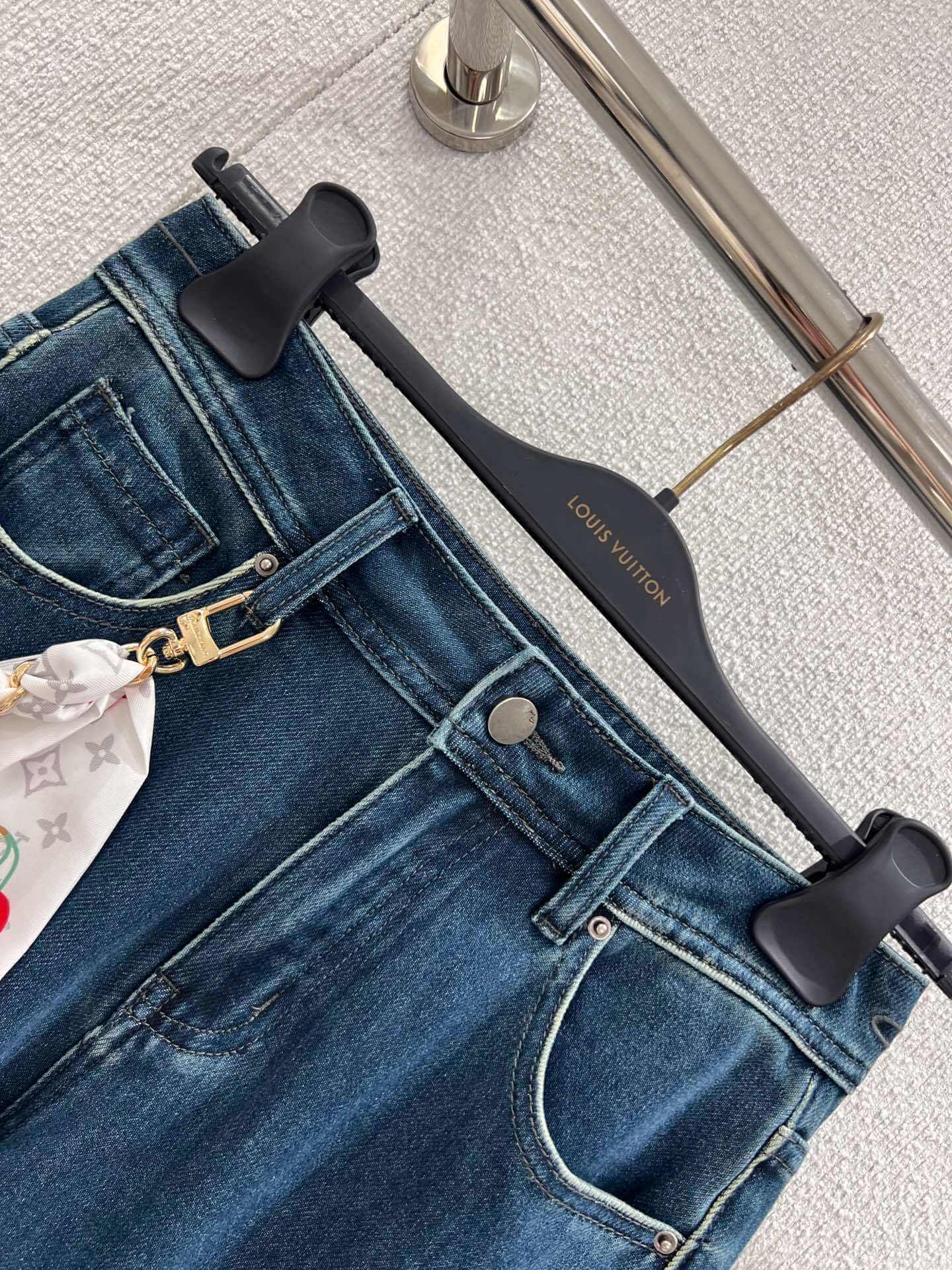 Louis Vuitton Monogram Cherry Scarf Detail Flared Denim Jeans – Dark Wash - Image 6