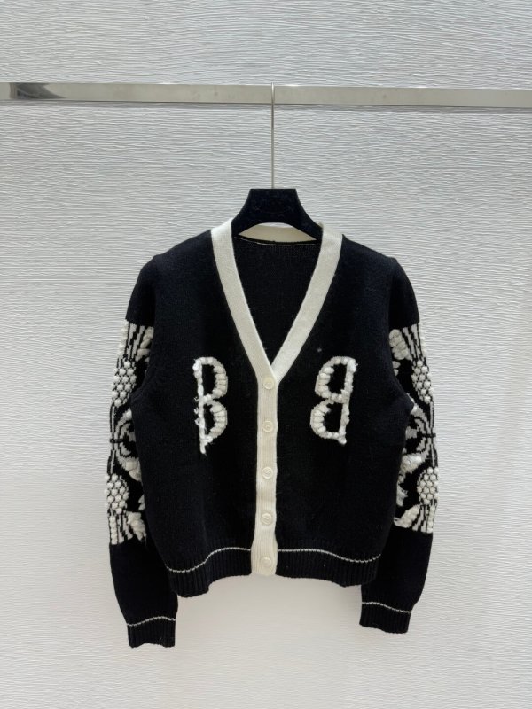 Burberry Chenille Patchwork Knit Cardigan – Black, White & Grey