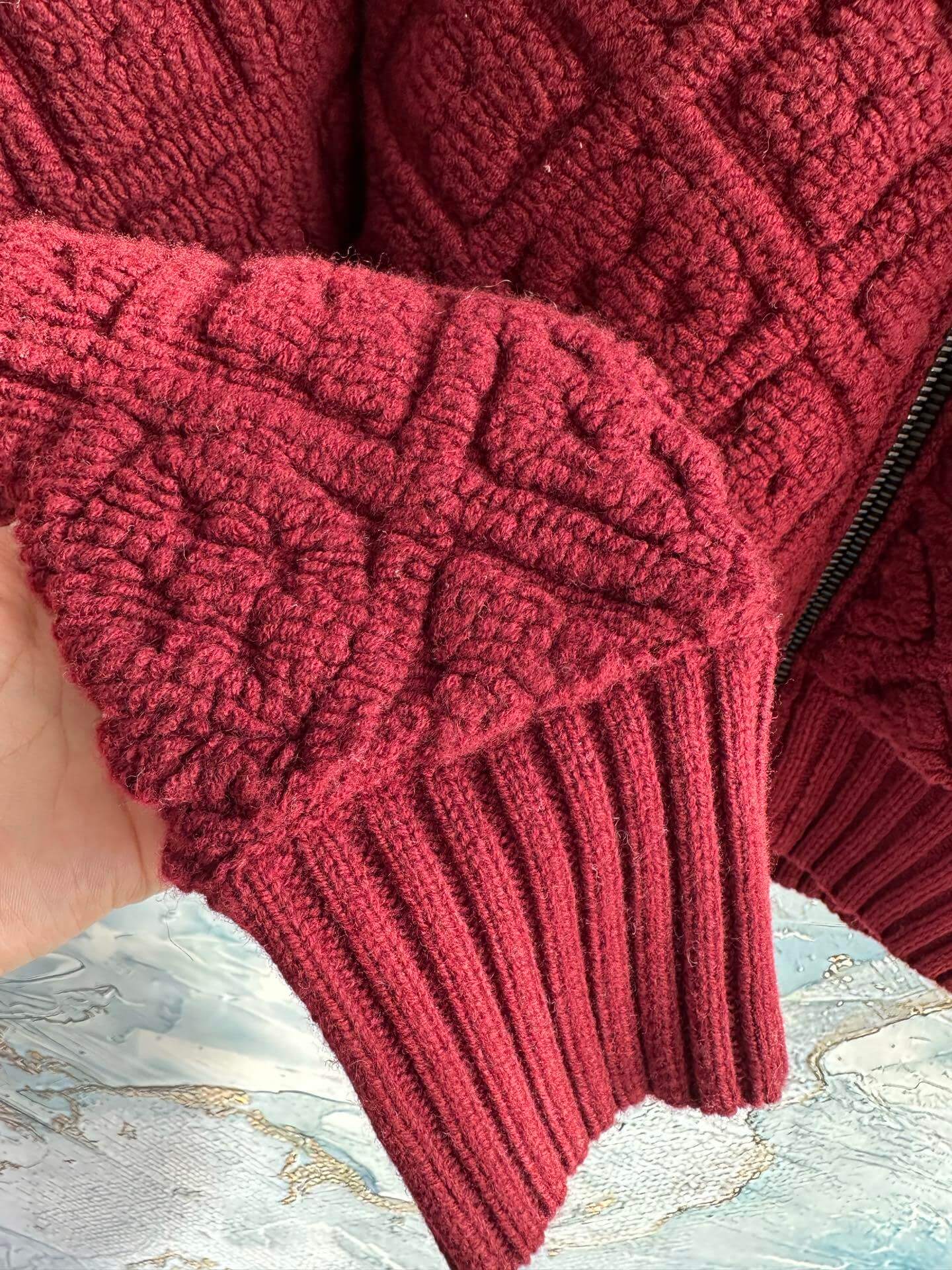 Louis Vuitton Monogram Textured Burgundy Zip-Up Knit Cardigan - Image 9