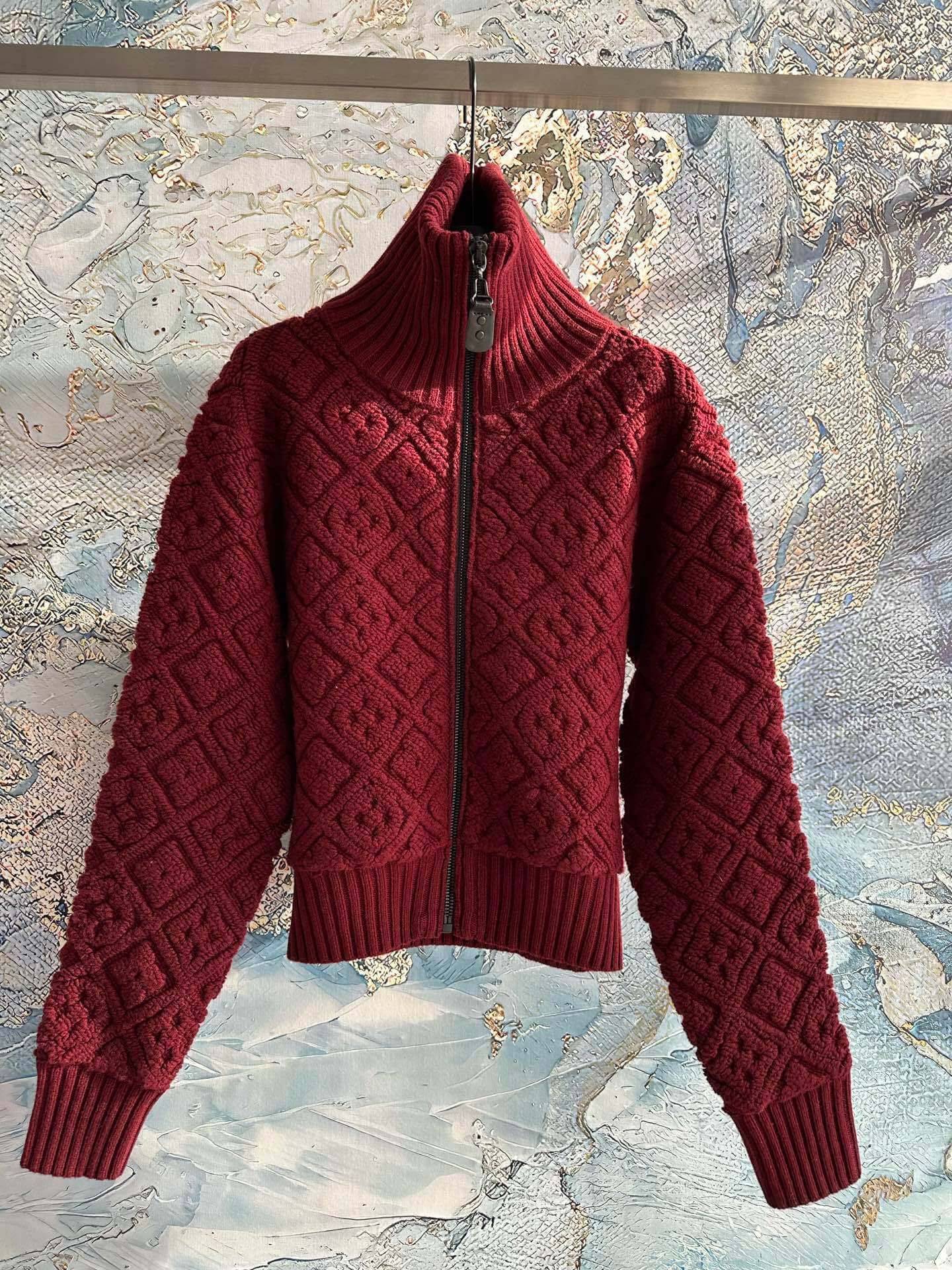 Louis Vuitton Monogram Textured Burgundy Zip-Up Knit Cardigan - Image 6