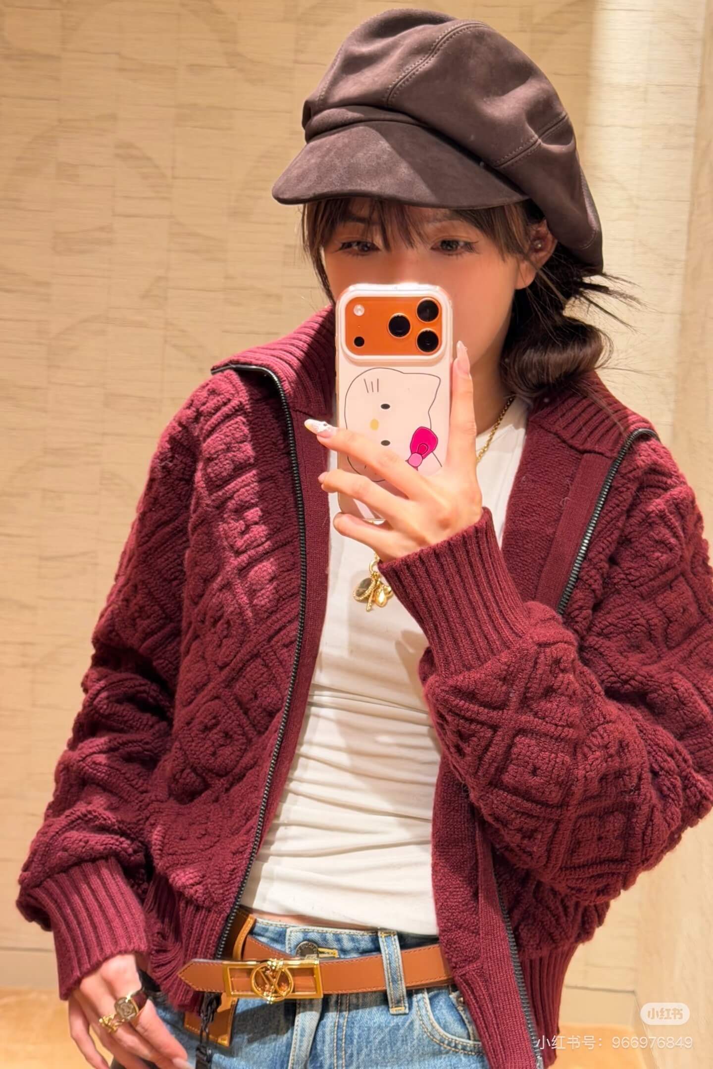 Louis Vuitton Monogram Textured Burgundy Zip-Up Knit Cardigan - Image 2