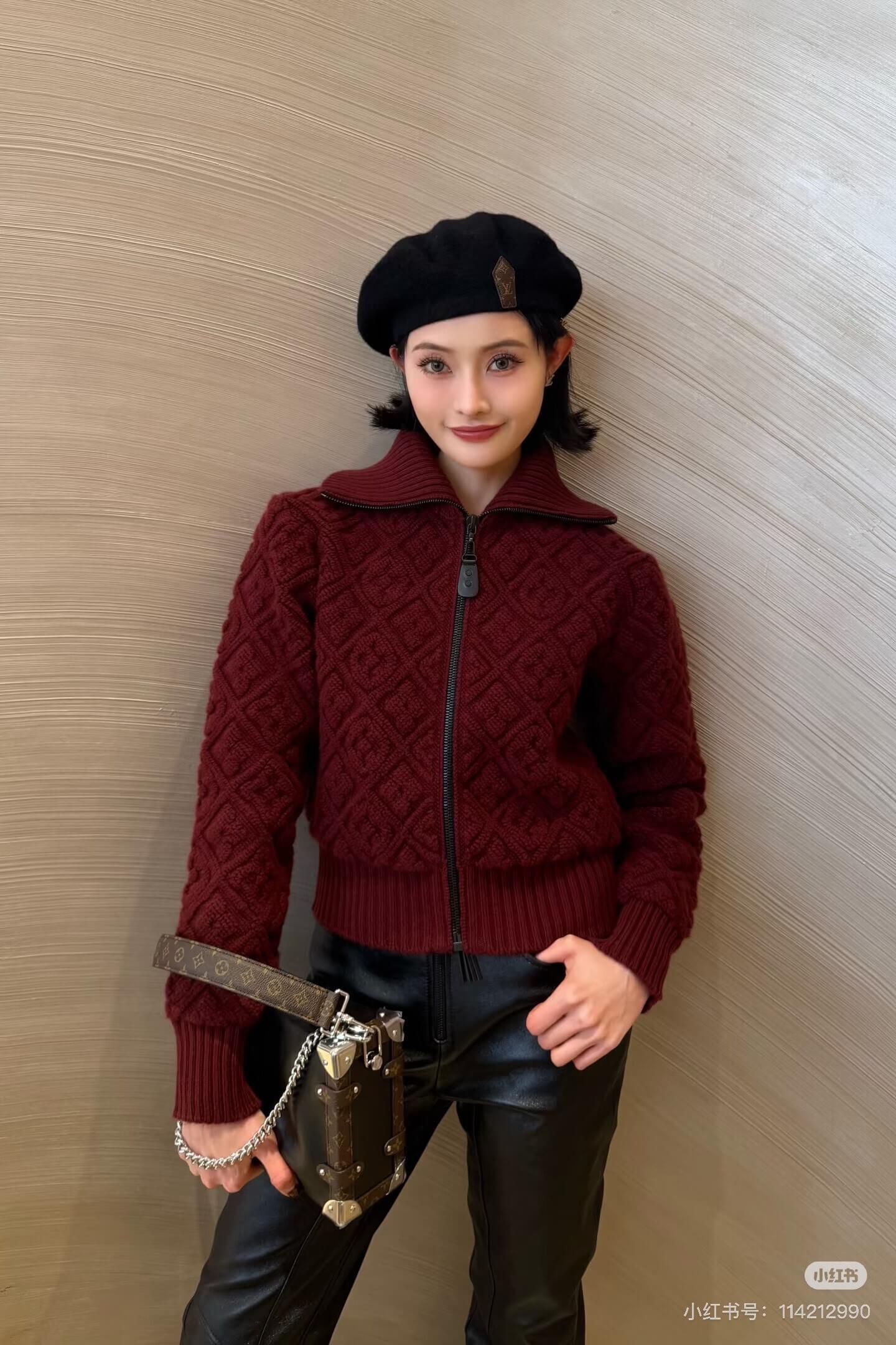 Louis Vuitton Monogram Textured Burgundy Zip-Up Knit Cardigan - Image 3