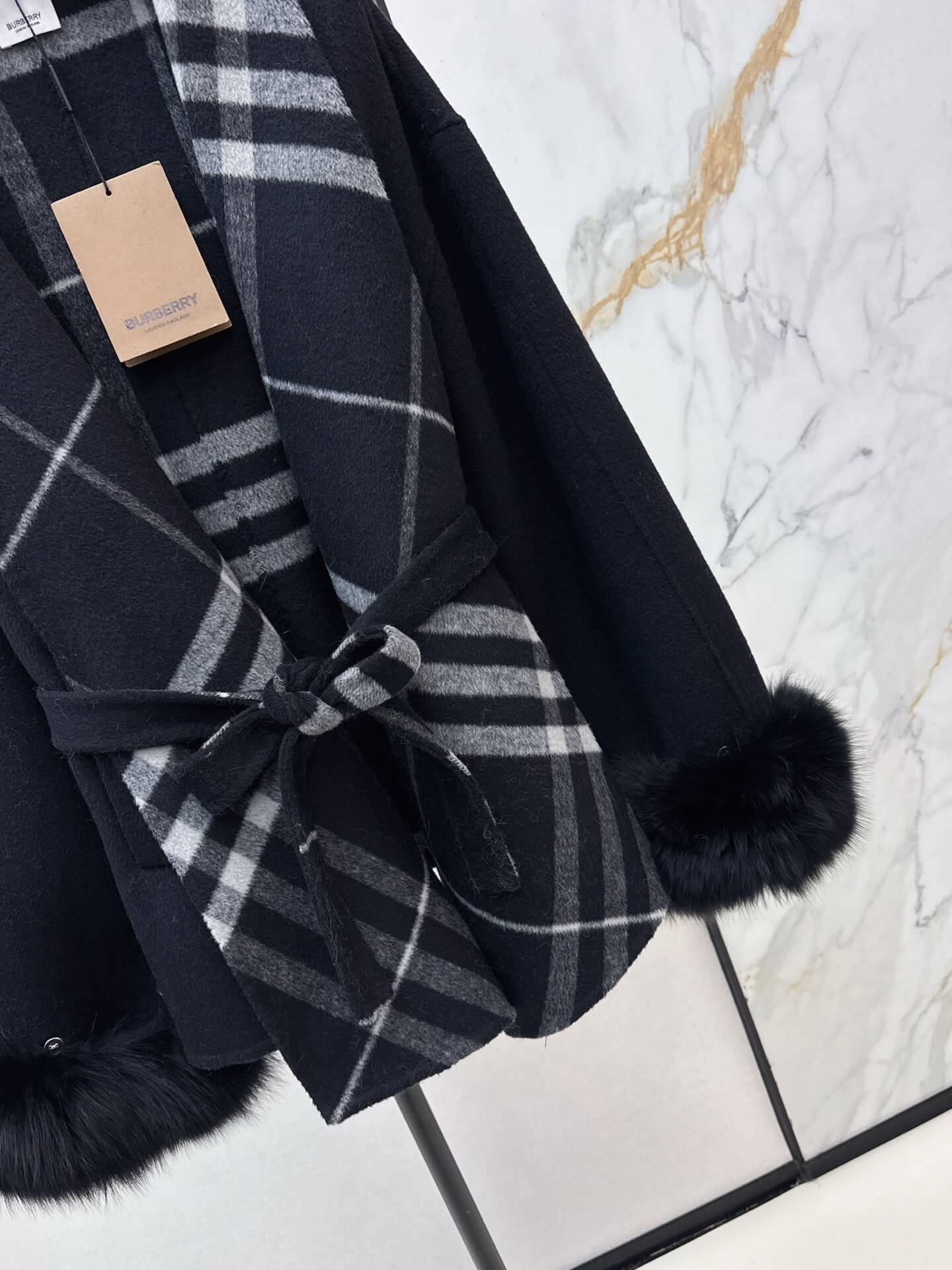 Burberry Check Wool Cashmere Fur-Trimmed Wrap Coat – Camel - Image 7