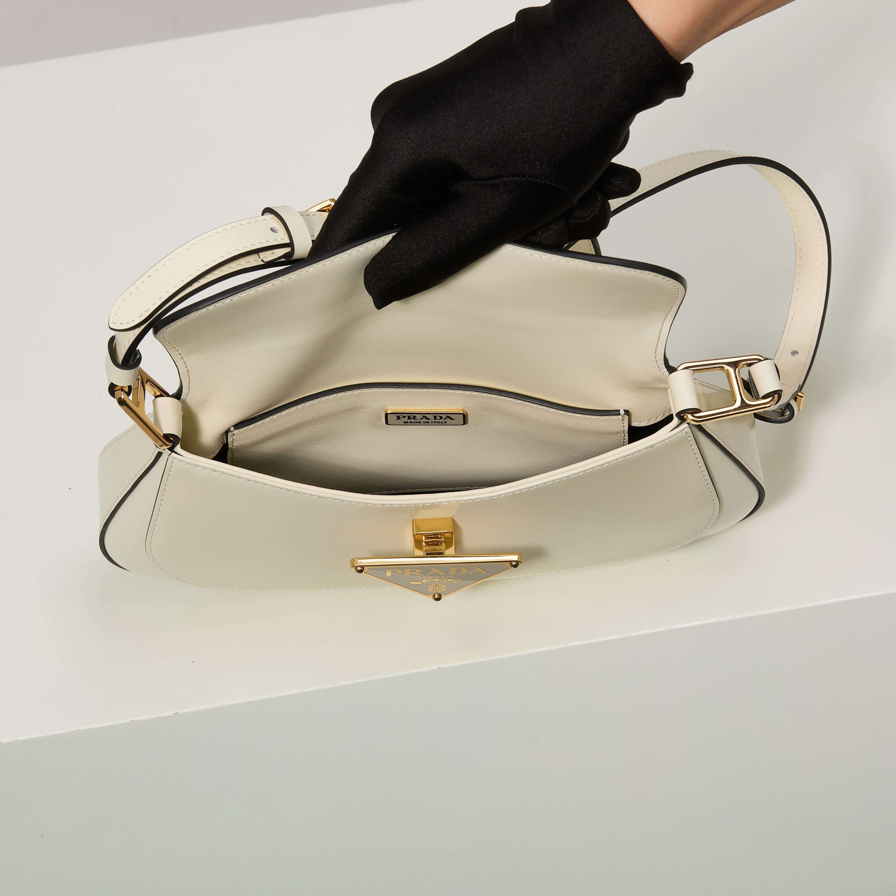 White Prada Arqué Leather Shoulder Bag with Flap - Image 2