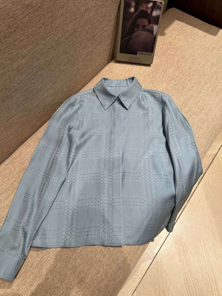 Gucci Light Blue Monogram Silk Jacquard Long Sleeve Shirt