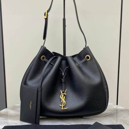 Saint Laurent YSL Joe Small Monogram Bucket Bag in Black Grained Lambskin Leather with Removable Pouch;Black